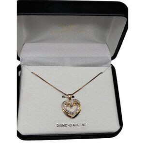 18k Over 925 Diamond Accented Double Heart Pendant Necklace Vermeil 18" Chain